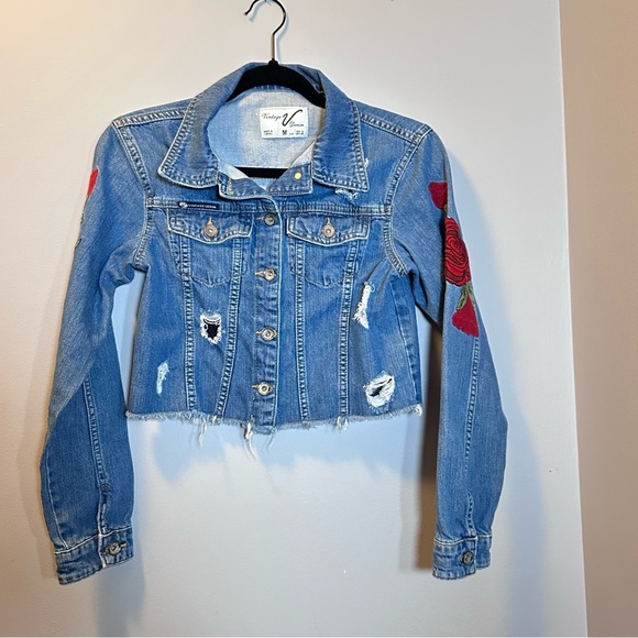 Guns N Roses denim jacket up cycle crop embroidered roses distressed raw hem - Picture 8 of 10